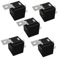 Black 12V SPDT automotive relay set with metal mounting tabs, 5-pin bodies