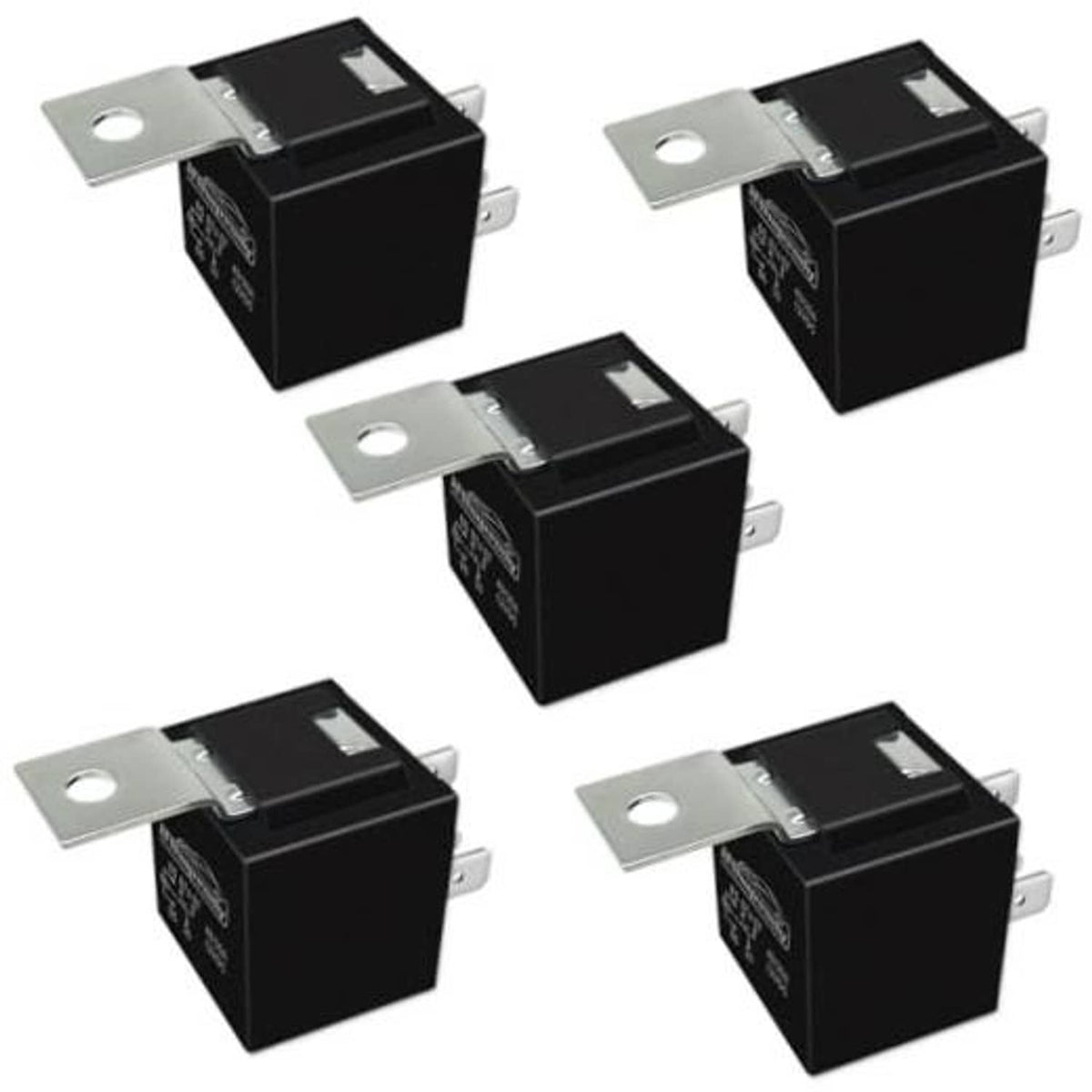 Black 12V SPDT automotive relay set with metal mounting tabs, 5-pin bodies