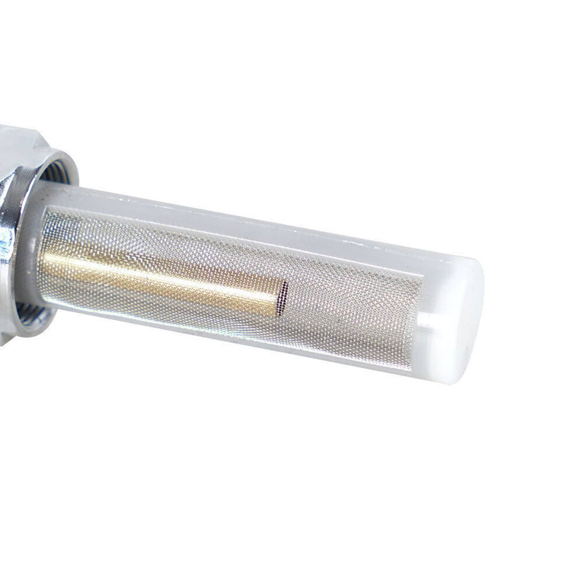 Replacement fuel petcock filter screen and white end cap on chrome cylindrical body