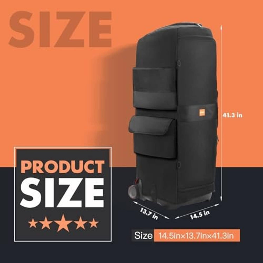 Black rolling speaker case with front flap pockets and side handle