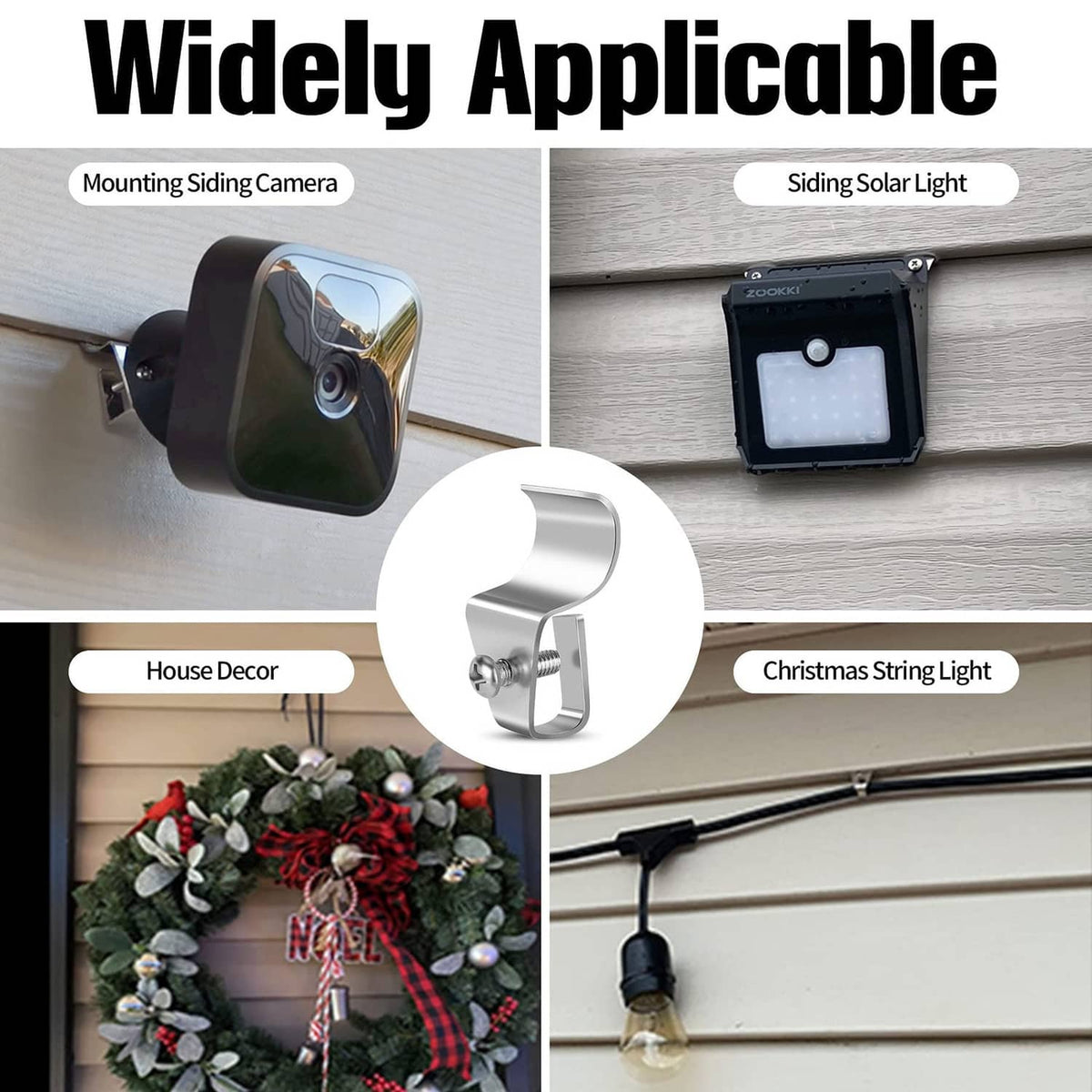 Silver vinyl siding mounting clips, multiple uses shown with outdoor lights and camera mounts