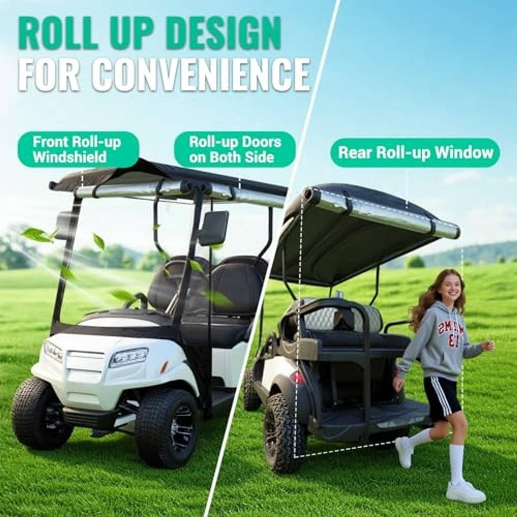 Golf cart rain cover with roll-up design, including roll-up doors and rear roll-up window