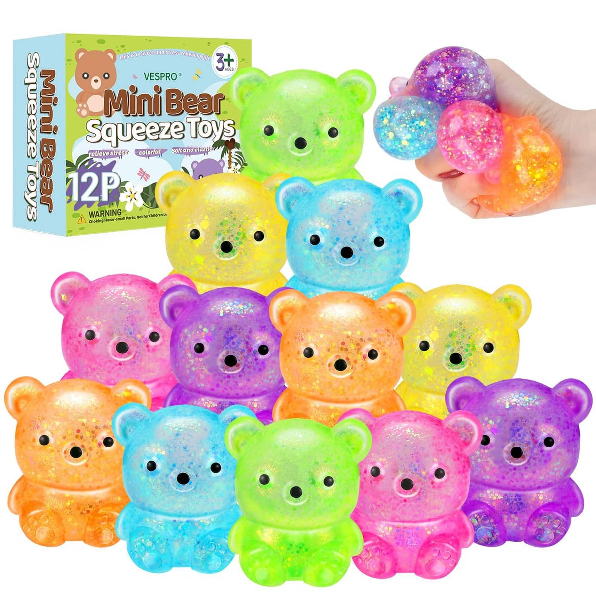 Colorful glitter bear squeeze stress balls, 12-pack assortment