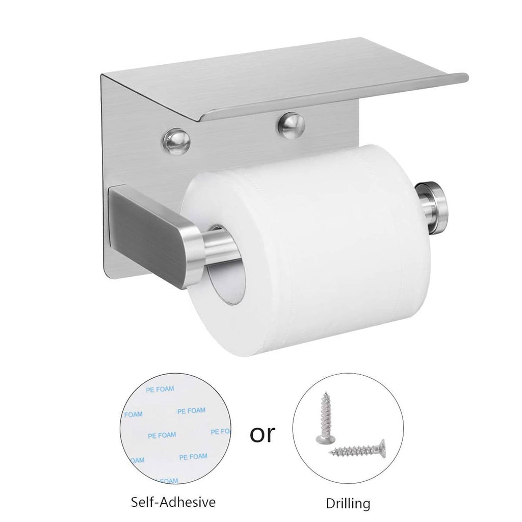 Toilet paper holder with phone shelf and stainless bracket; fits standard toilet rolls