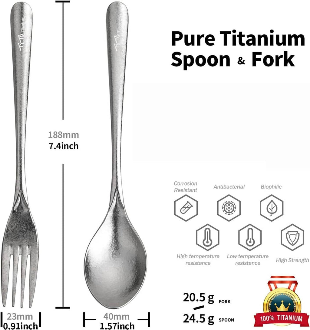 RivetOak TiTo Titanium Cutlery Set, Lightweight Pure Fork & Spoon, Silver