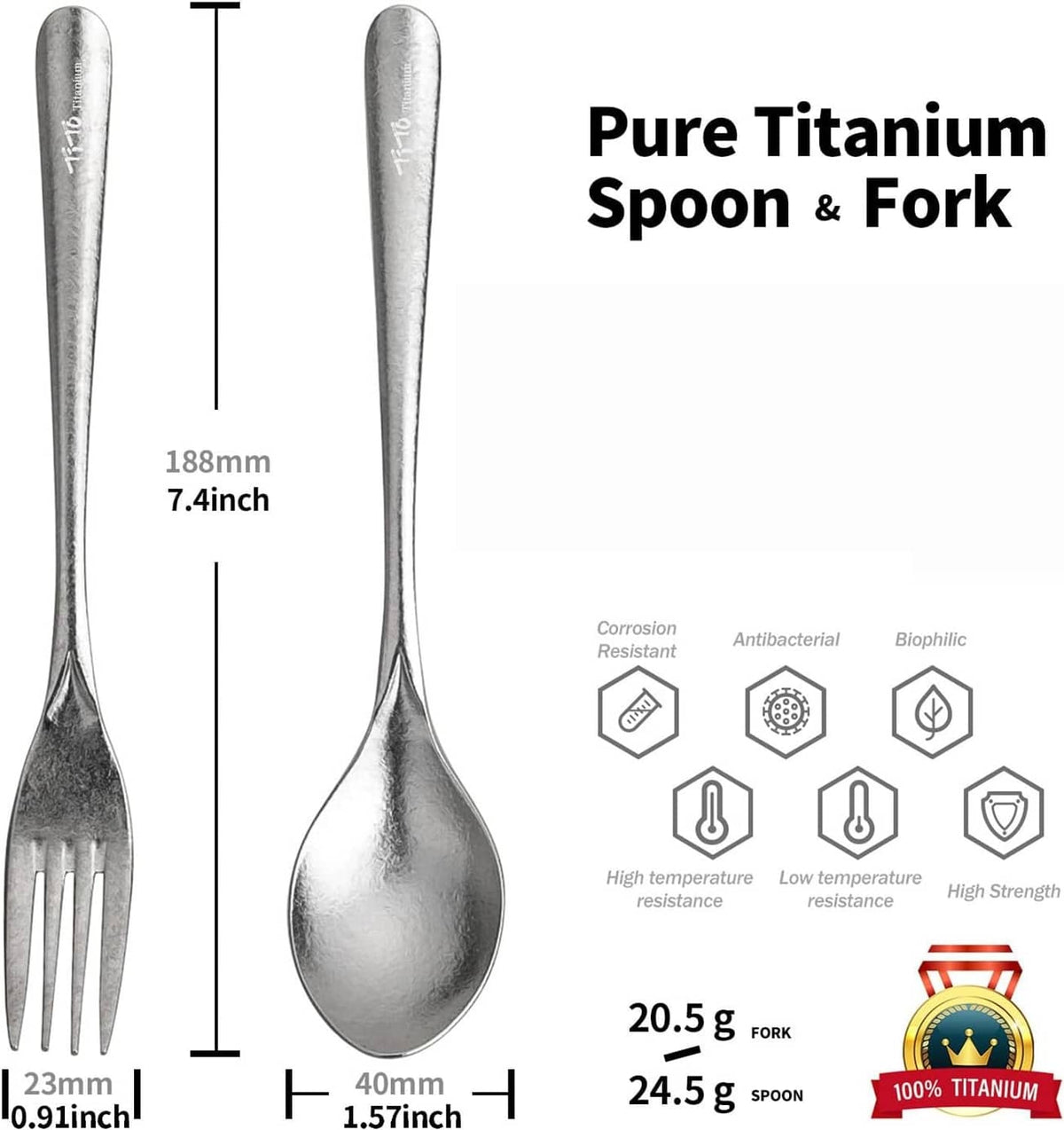 RivetOak TiTo Titanium Cutlery Set, Lightweight Pure Fork & Spoon, Silver