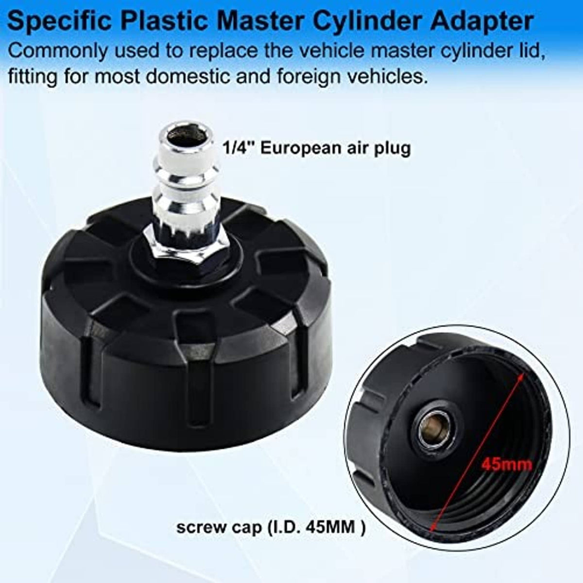 Black plastic master cylinder adapter cap with 1/4 European air plug