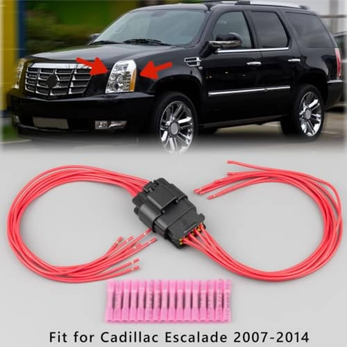 Headlight wiring harness with two black connectors and red cable leads on flat surface