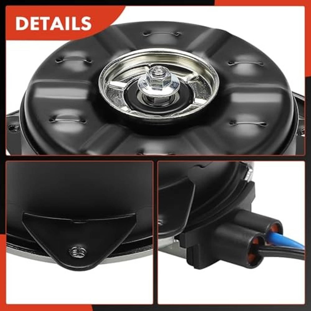 Close-up of black radiator fan motor top cap, base mount, and blue wire lead