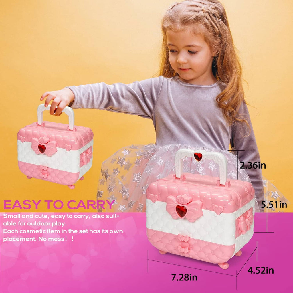Pink kids makeup kit carry case with heart latch and quilted textured top