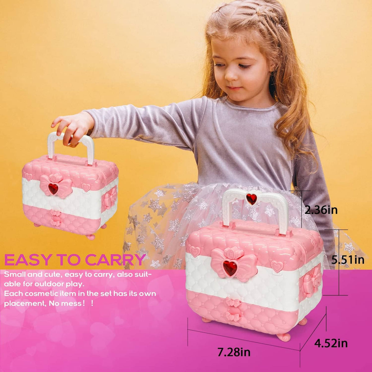 Pink kids makeup kit carry case with heart latch and quilted textured top