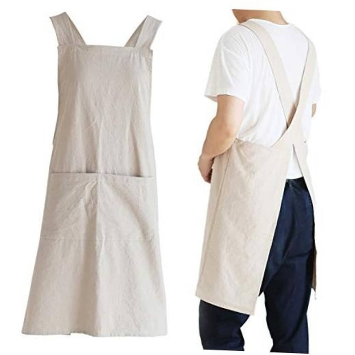 Light beige cross-back cooking apron with front pocket, wide chest straps