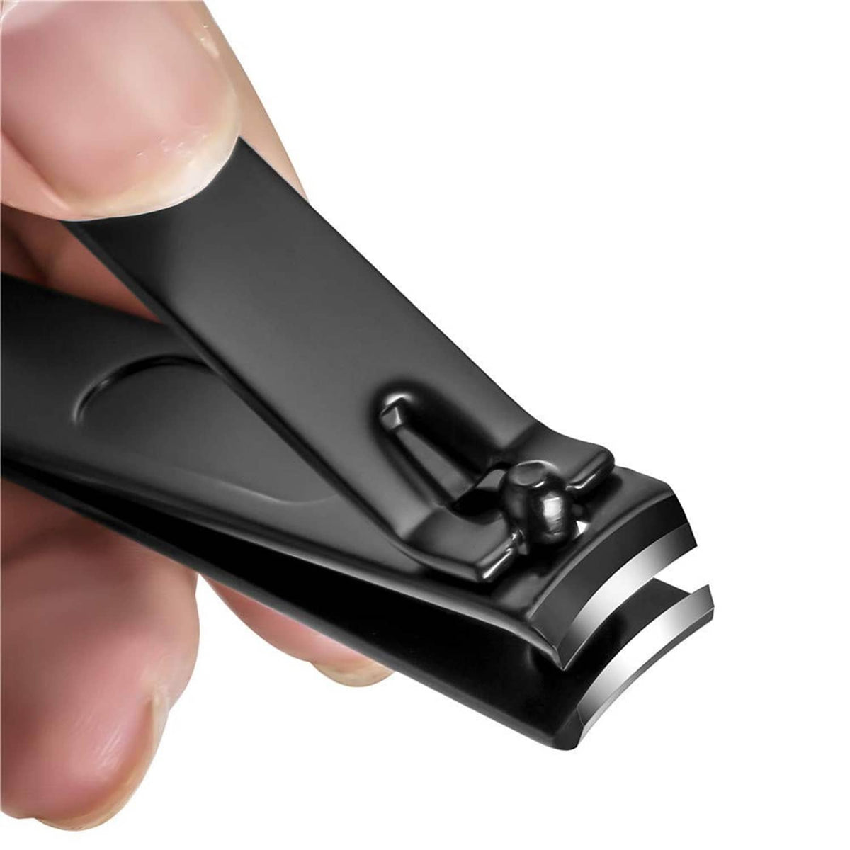Close-up of black clippers with wide cutting mouth and shiny metal blade edge