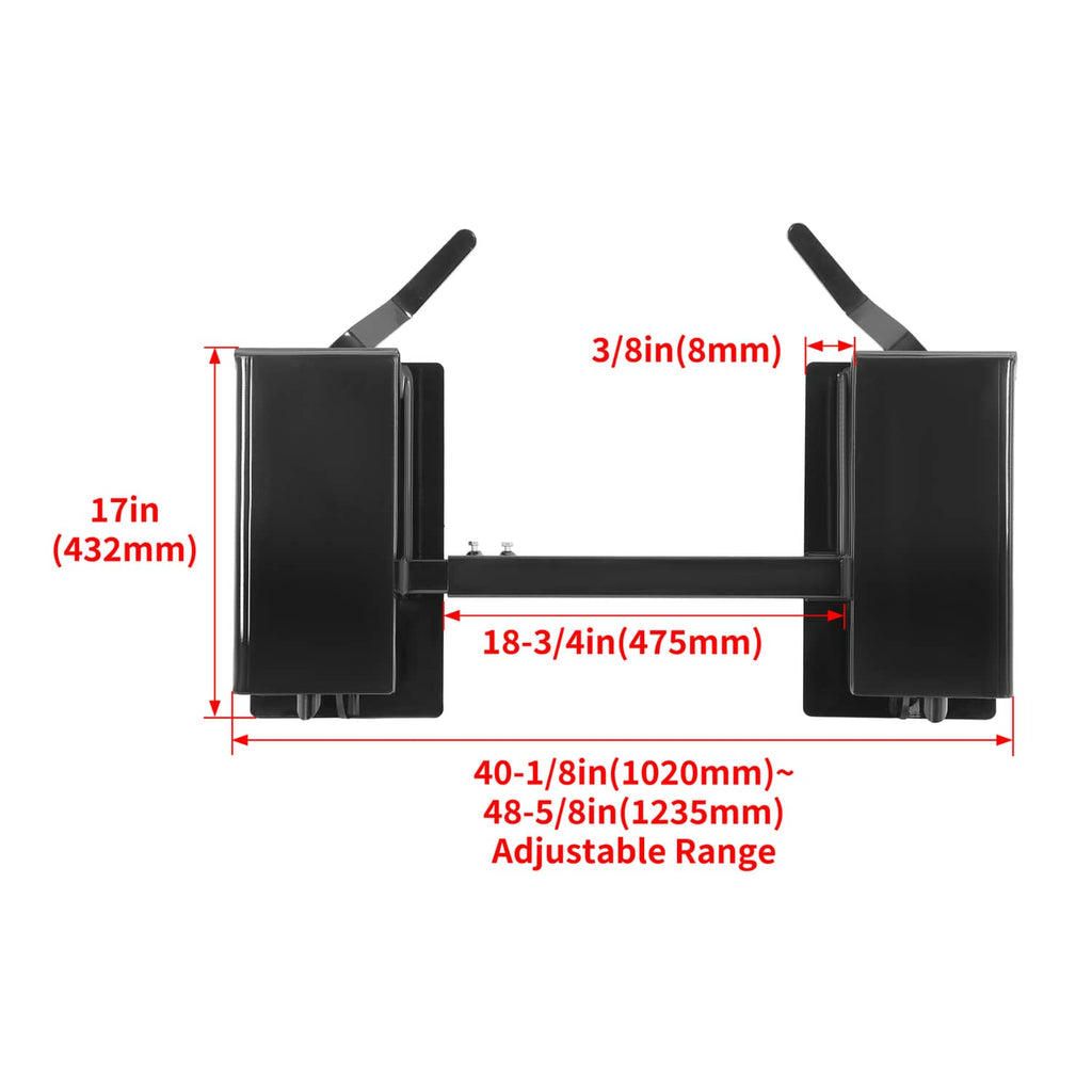 Adjustable skid-steer quick attach adapter with size range markings and black mounting plates