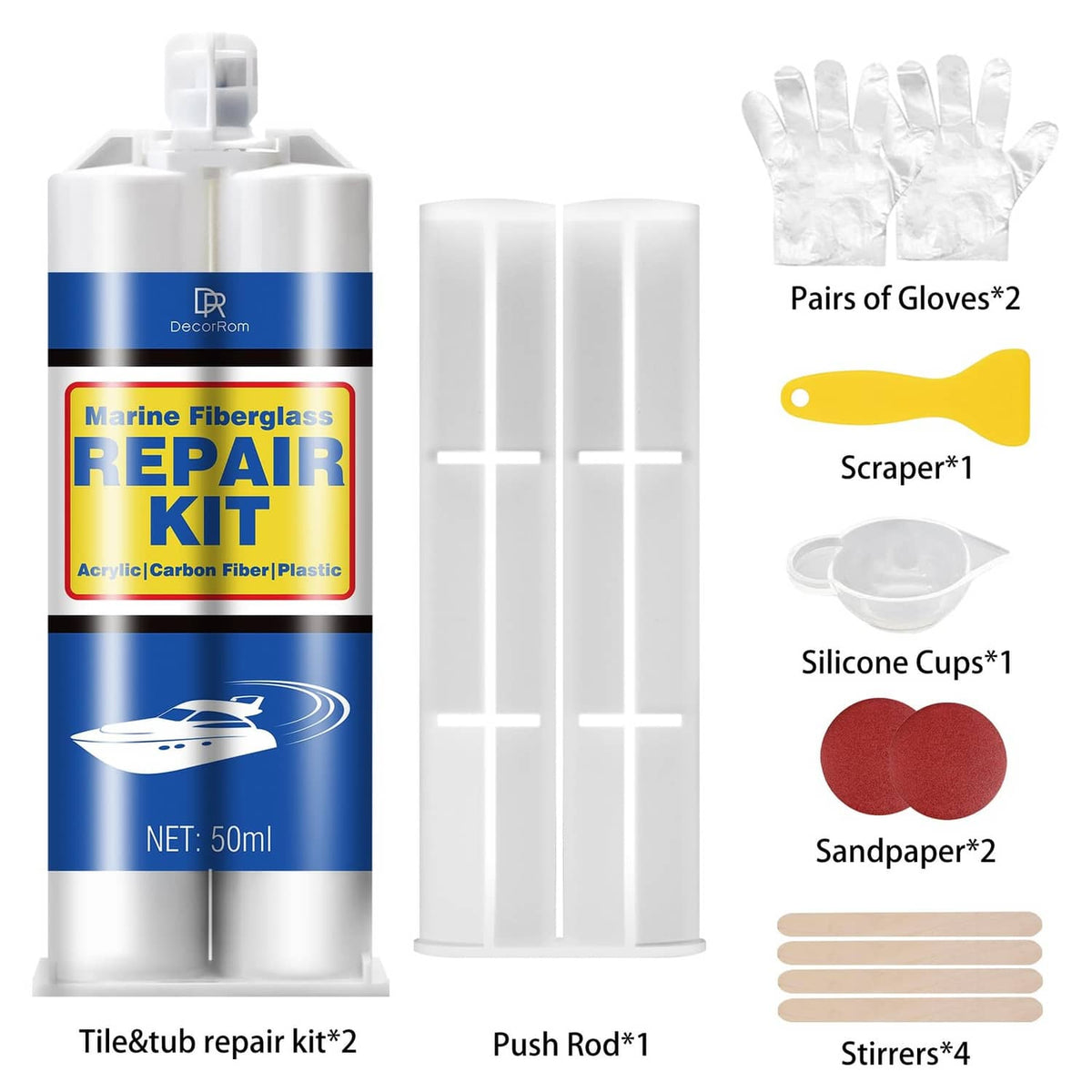 Marine fiberglass repair kit accessories: gloves, scraper, silicone cups, sandpaper, stirrers