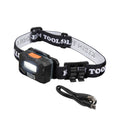 Rechargeable LED headlamp with black headband, spotlight housing, and charging cable