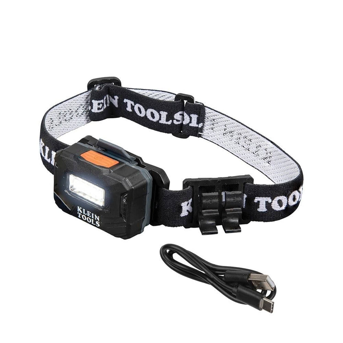 Rechargeable LED headlamp with black headband, spotlight housing, and charging cable