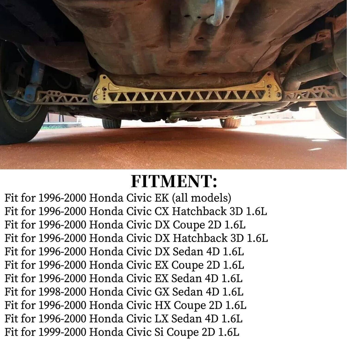 Gold rear subframe brace installed under car, connecting link arms and mounting points