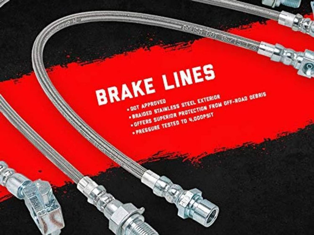 Stainless braided brake lines with crimp fittings on red and black packaging card