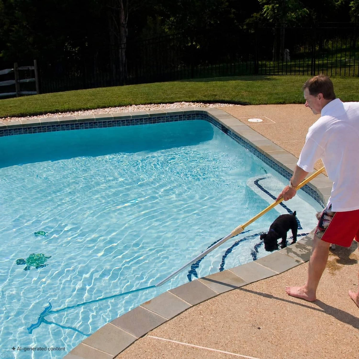 Pool brush head with aluminum handle and blue-edged white bristles for pool walls