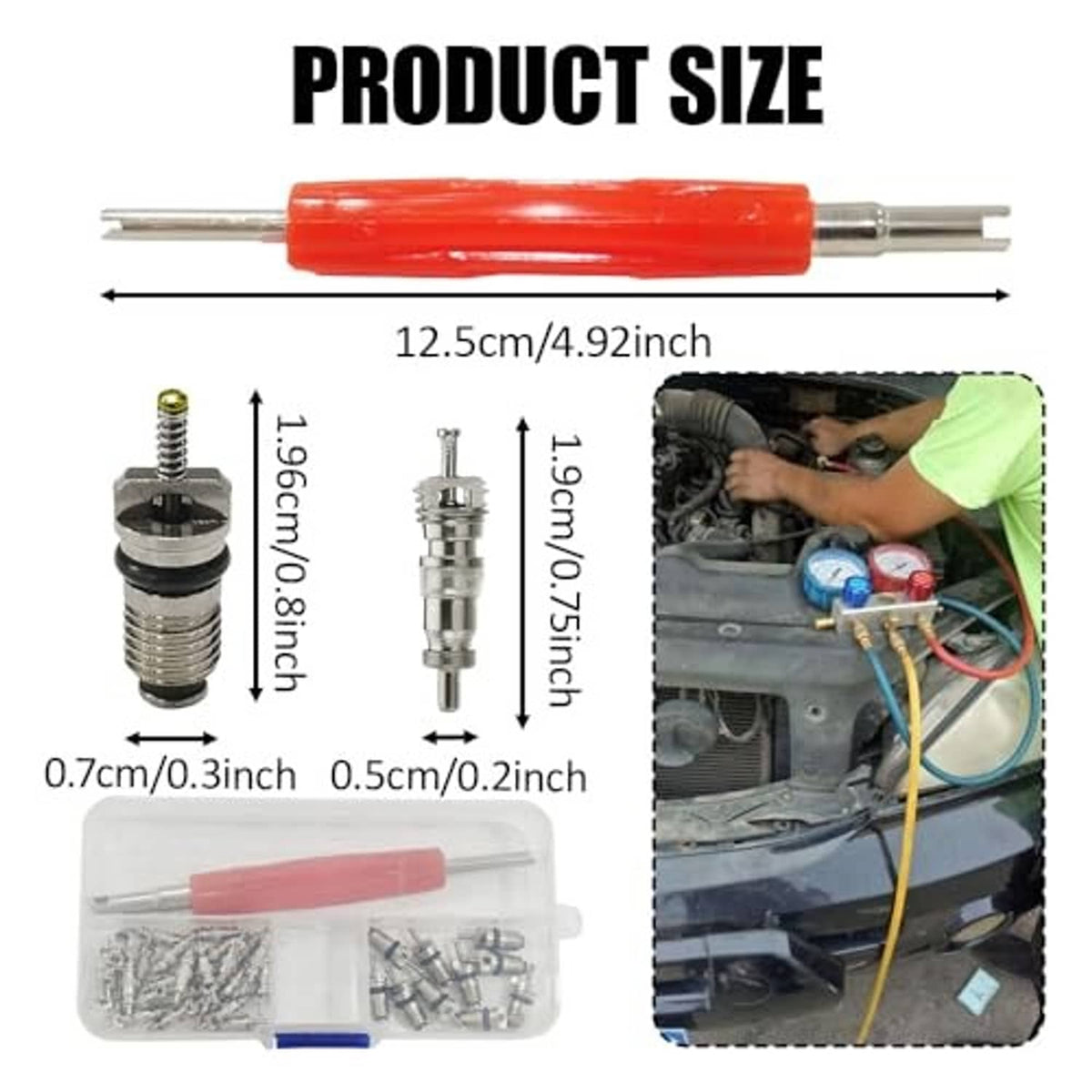 Valve core removal tool with red grip and metal shaft, shown with size dimensions