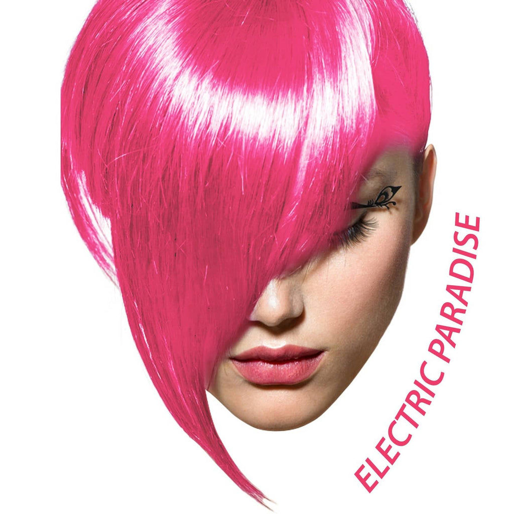 Vivid pink hair dye on short hair model, side profile with eyebrow tattoo
