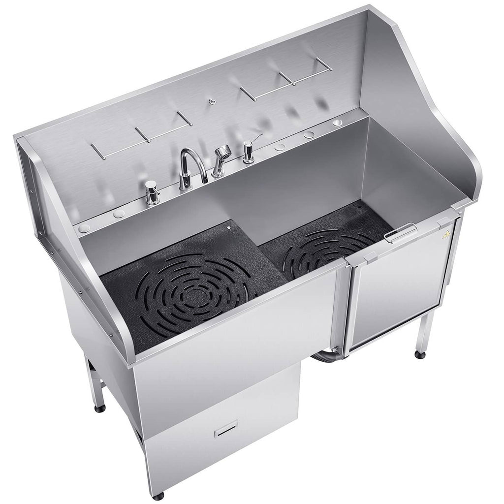Stainless steel grooming tub basin with top water fittings and two non-slip drainage mats