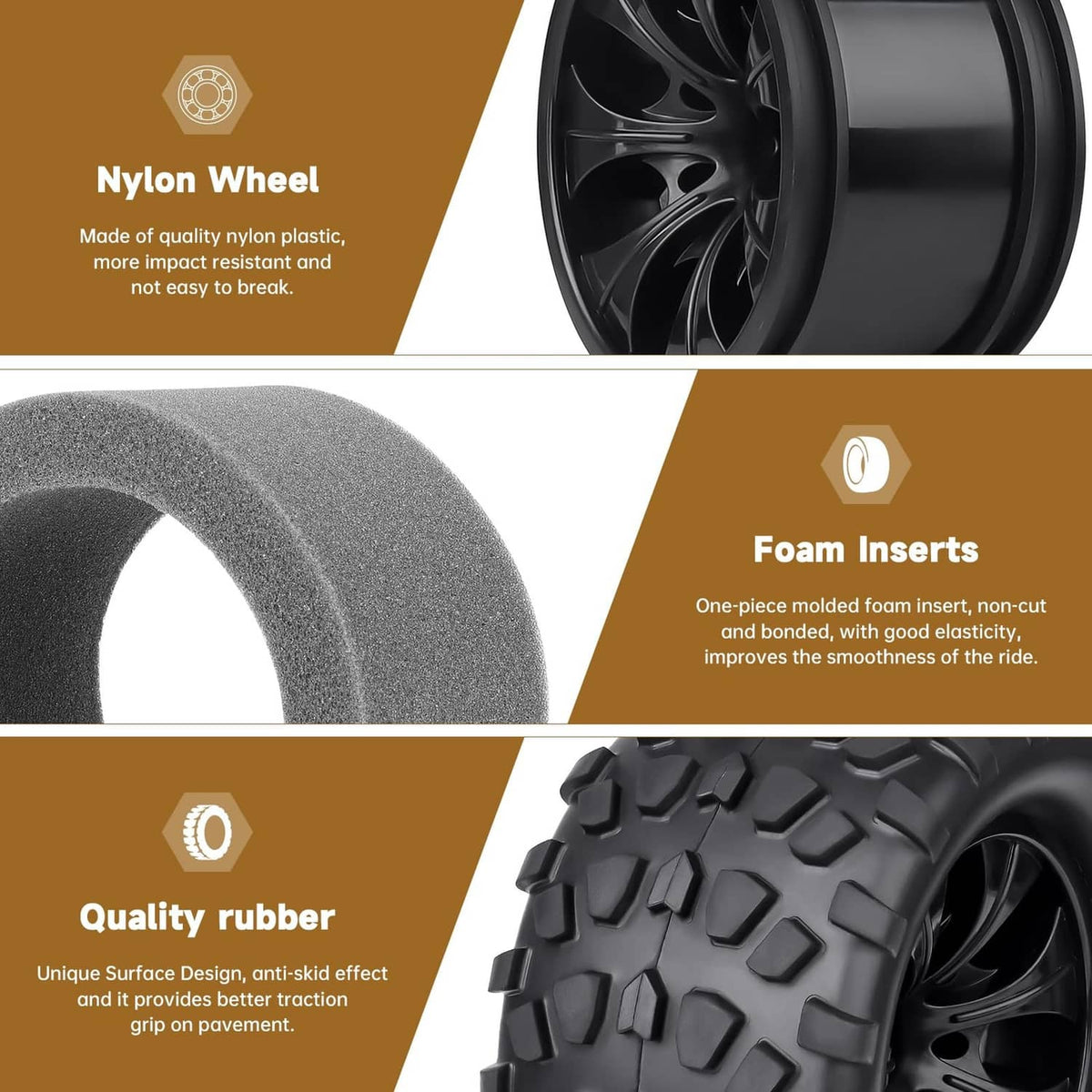 Black nylon wheel with foam insert and rubber tire tread