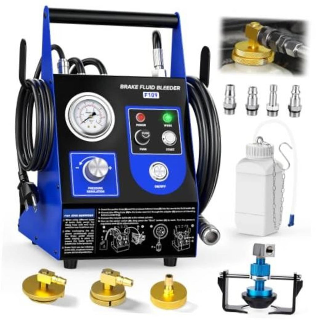 Blue brake fluid bleeder with gauge, buttons, and accessory adapters and bottle
