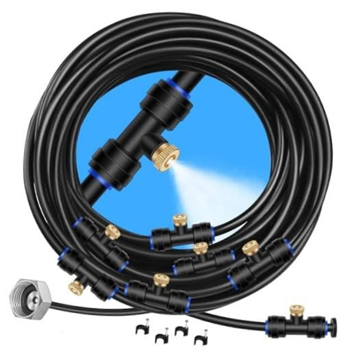 Black misting hose line with brass mist nozzles and connectors, coiled for outdoor setup