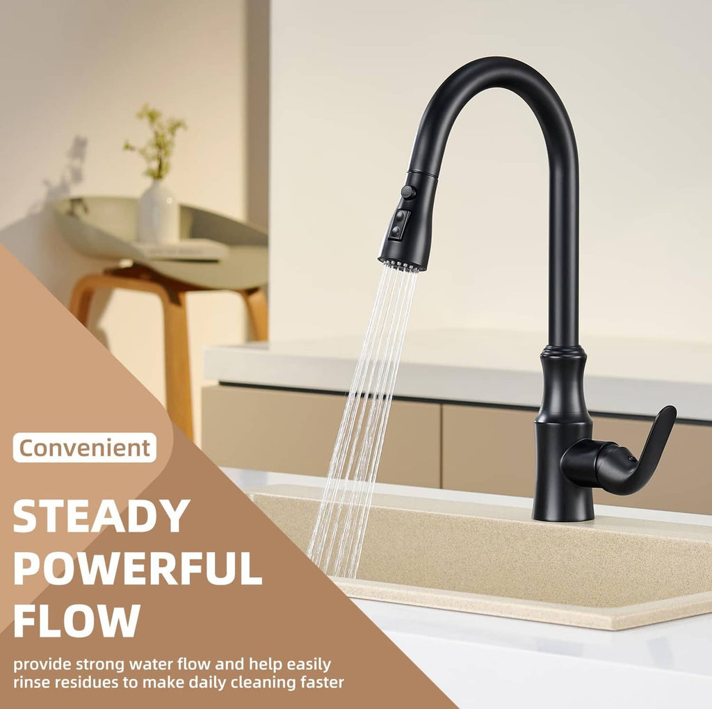 Matte black pull-down kitchen faucet with handheld sprayer and continuous water stream