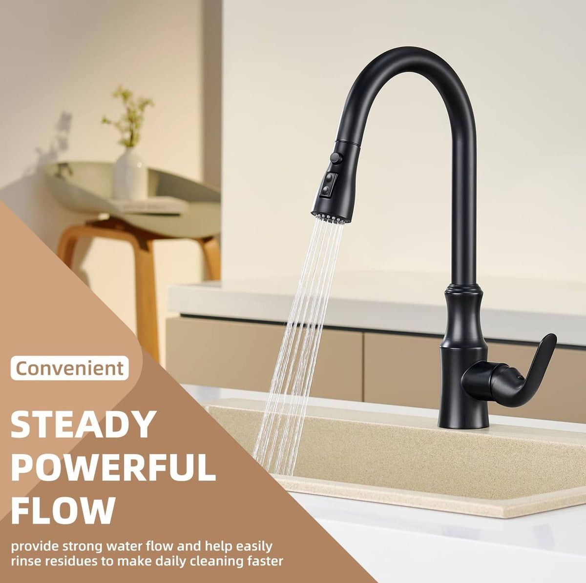 Matte black pull-down kitchen faucet with handheld sprayer and continuous water stream