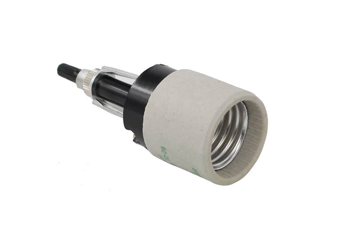 E26 light socket switch with black rotary stem and ribbed ceramic shell