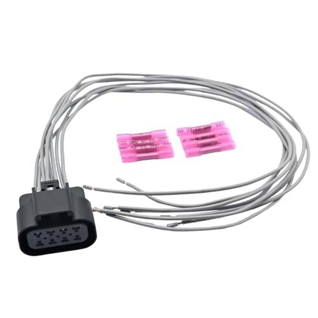 Wiring harness connector with black plug, gray wire leads, pink labeled tabs