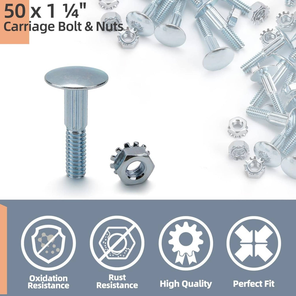 Carriage bolt and lock nut kit, silver fasteners with one bolt standing upright.