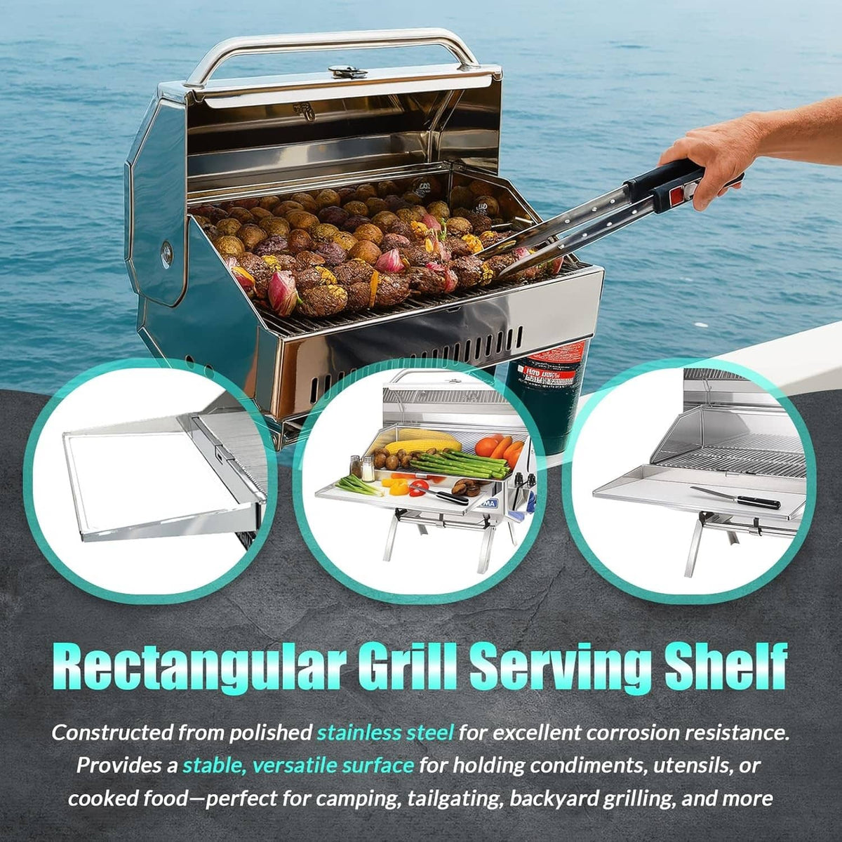 Rectangular grill serving shelf with removable cutting board for holding condiments and food