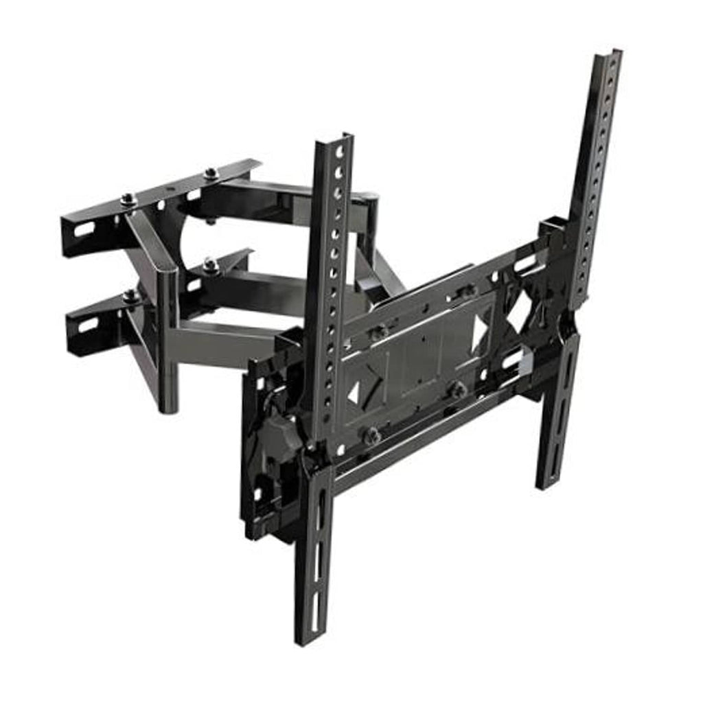 Full-motion TV wall mount with black bracket arms and vertical mounting plate