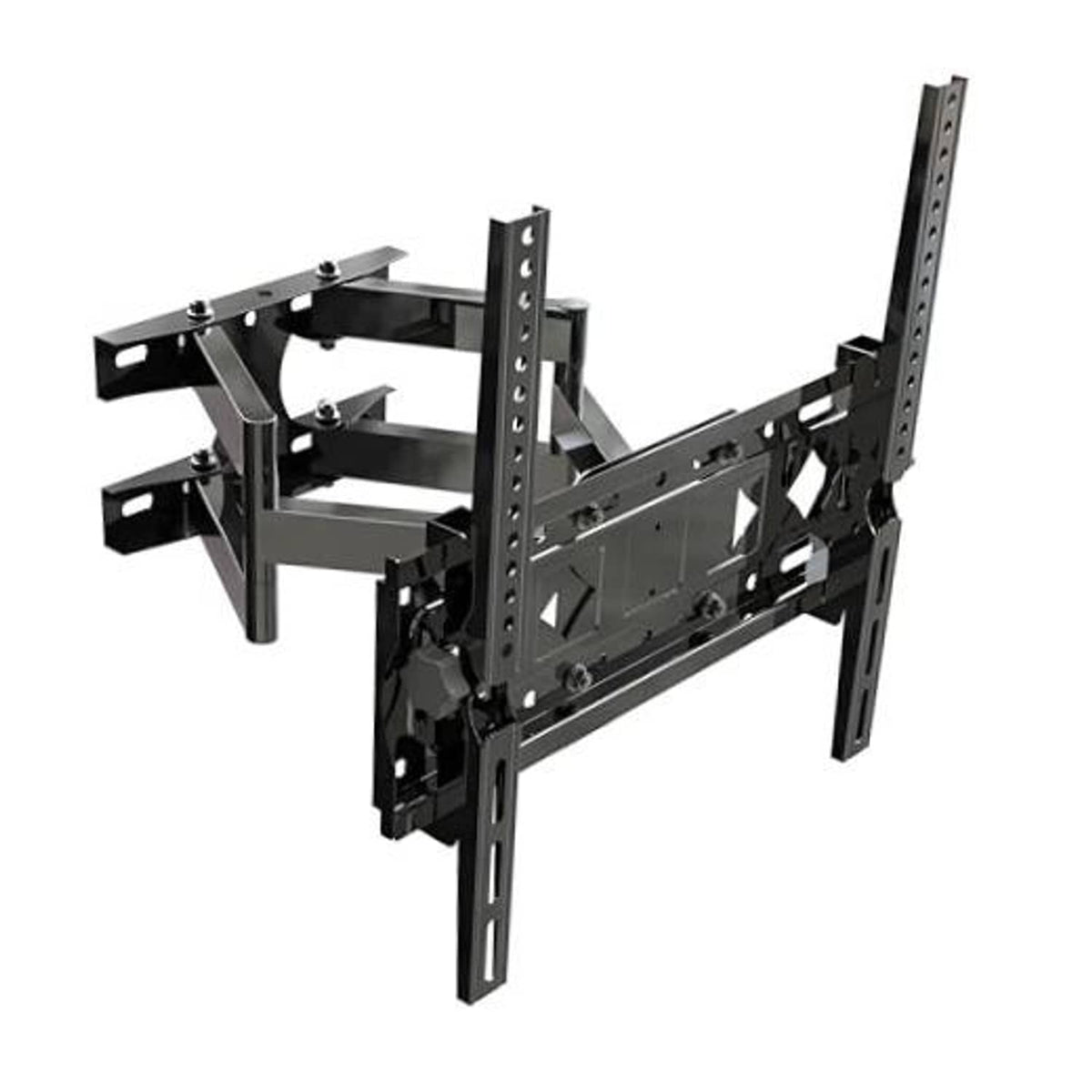 Full-motion TV wall mount with black bracket arms and vertical mounting plate