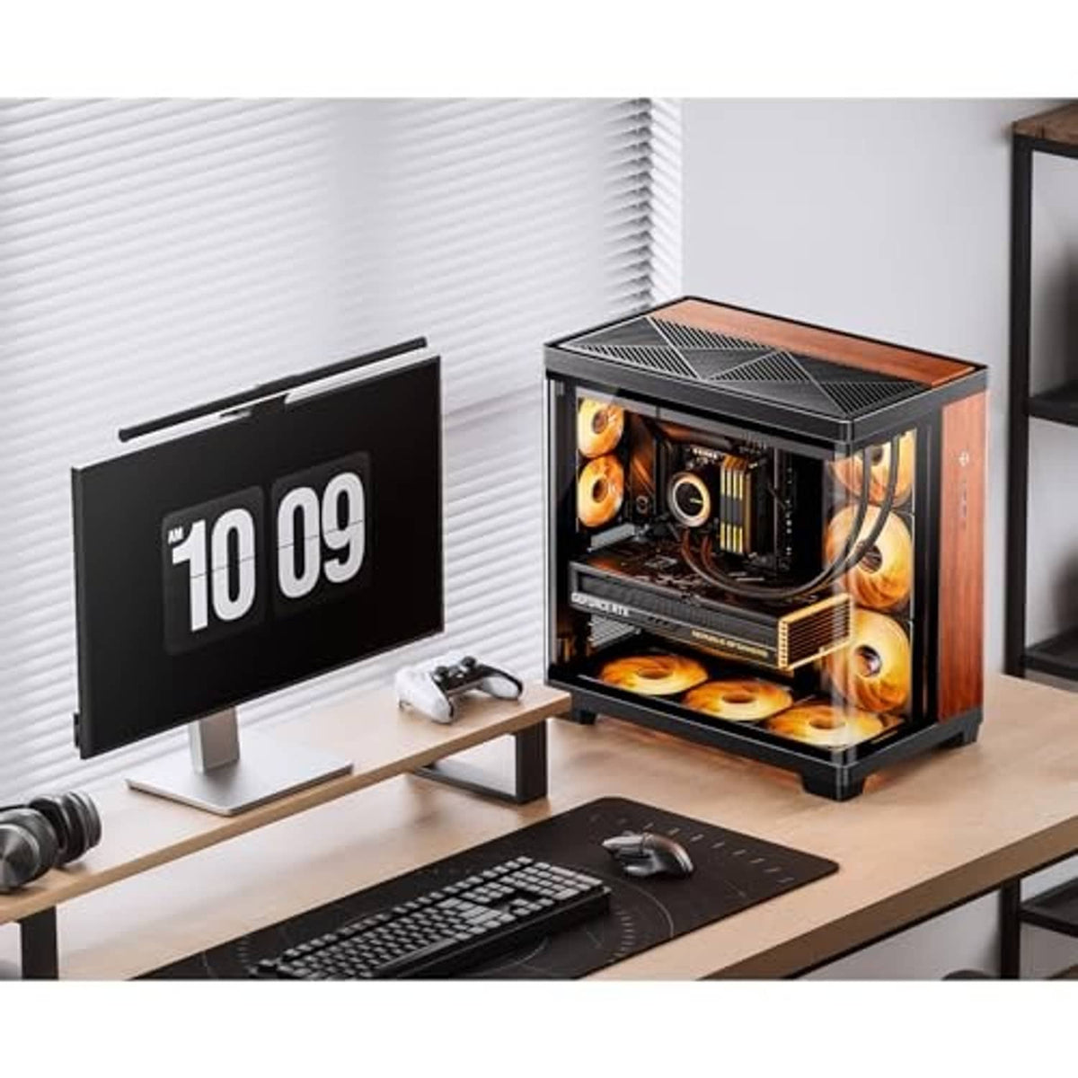 Compact view of mid-tower PC case on a desk, black-and-wood with front glass window