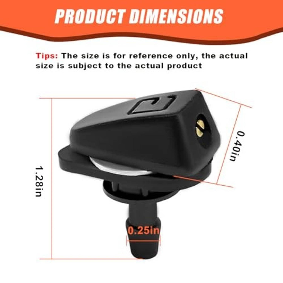 Black windshield washer sprayer head with fan-style nozzle, shown with size guide