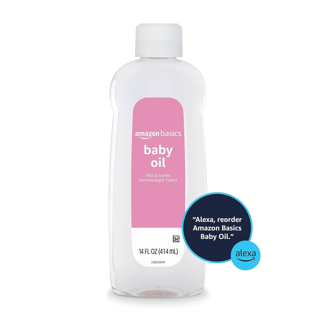 Baby oil bottle with pink Amazon Basics label and blue Alexa badge, white plastic, front