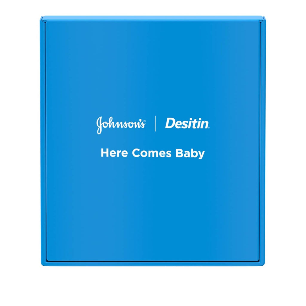 Blue gift box for Johnson's and Desitin Here Comes Baby set