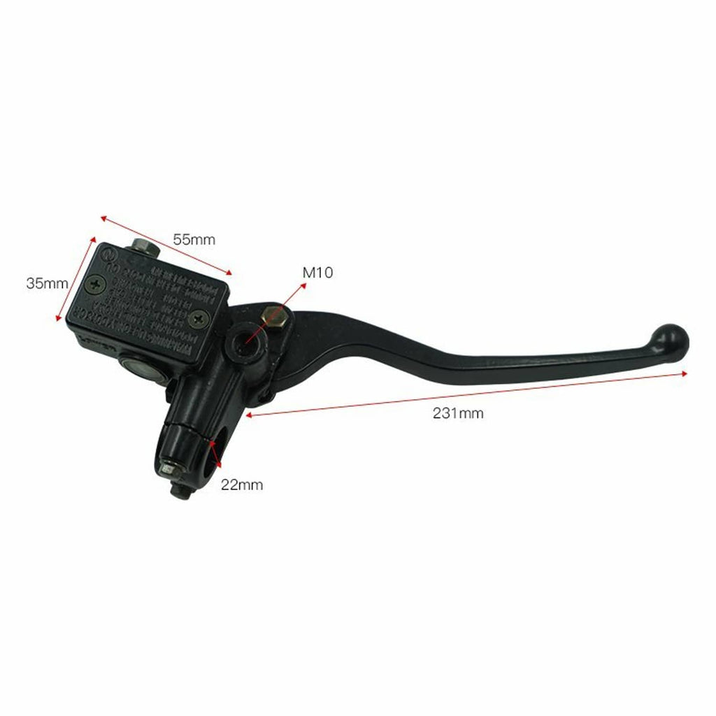 Brake master cylinder lever with labeled 22mm and 231mm, black housing and lever