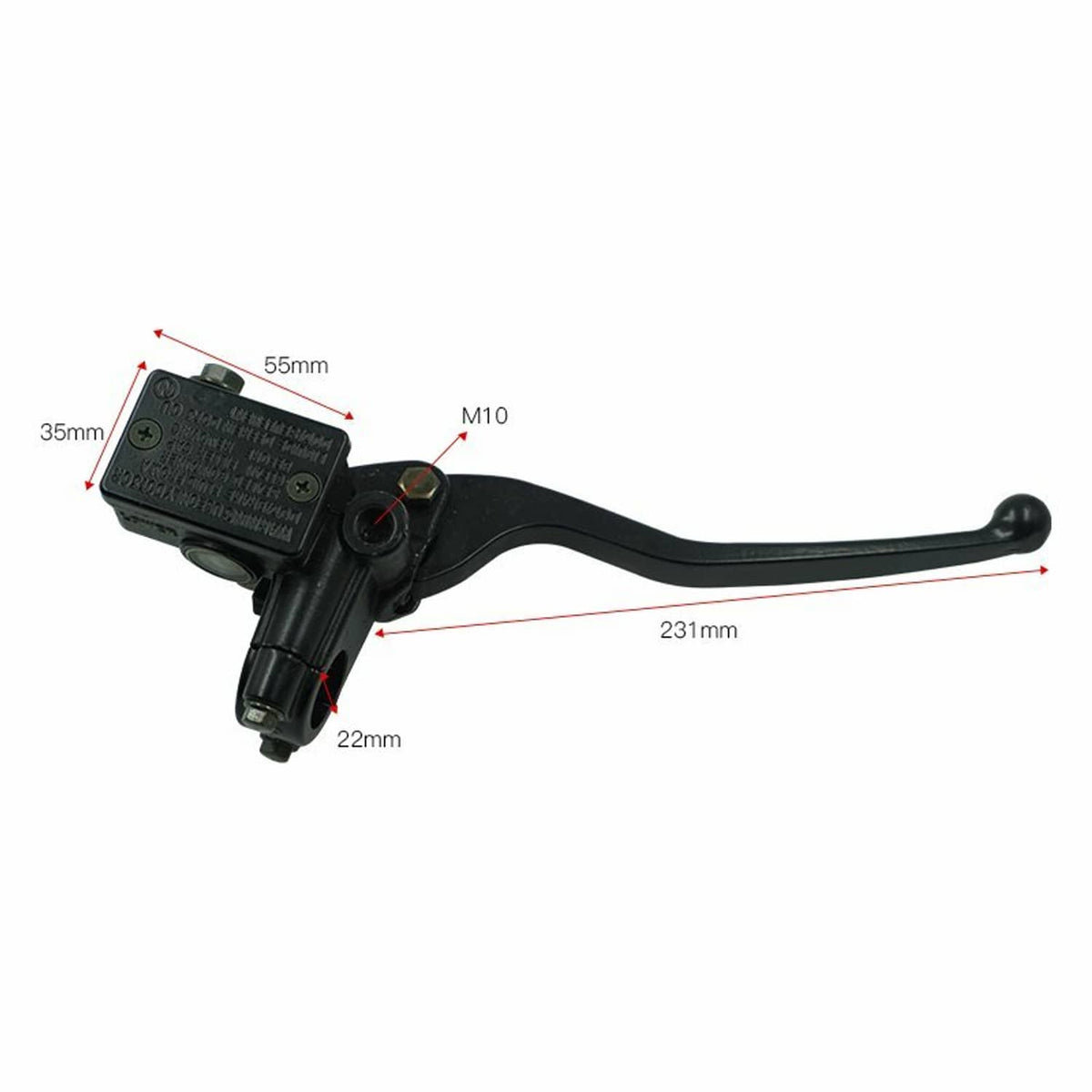 Brake master cylinder lever with labeled 22mm and 231mm, black housing and lever