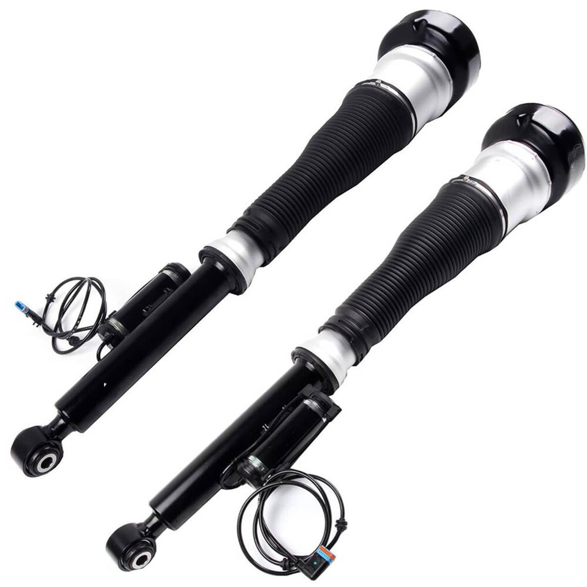 Pair of rear air suspension struts with black ribbed air bellows and silver body
