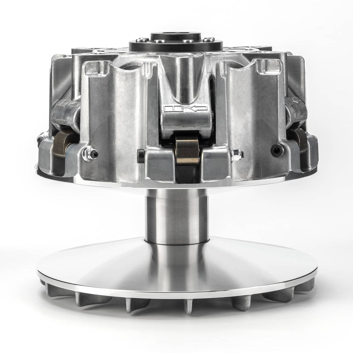 Close-up of silver drive clutch housing with central shaft and mounting hardware
