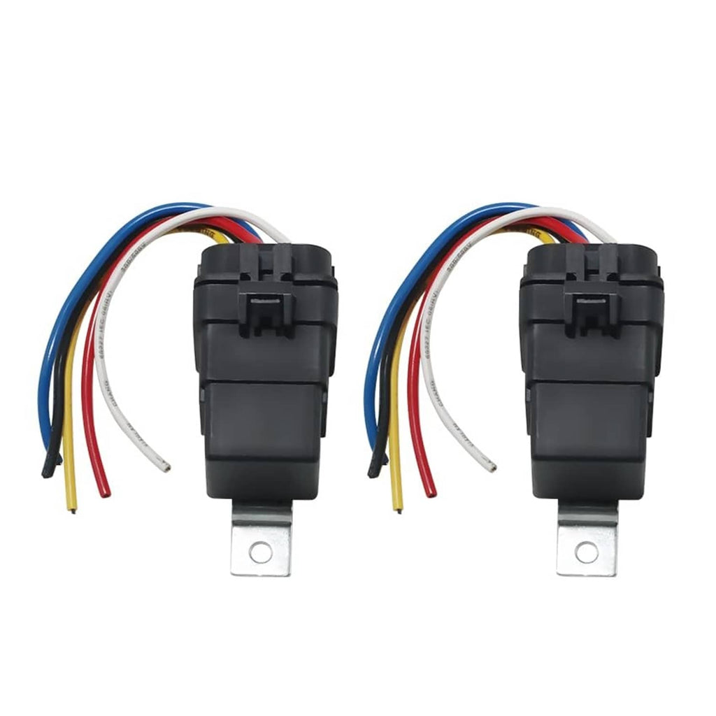 Pair of black electrical relay connectors with multi-wire leads and mounting base tabs