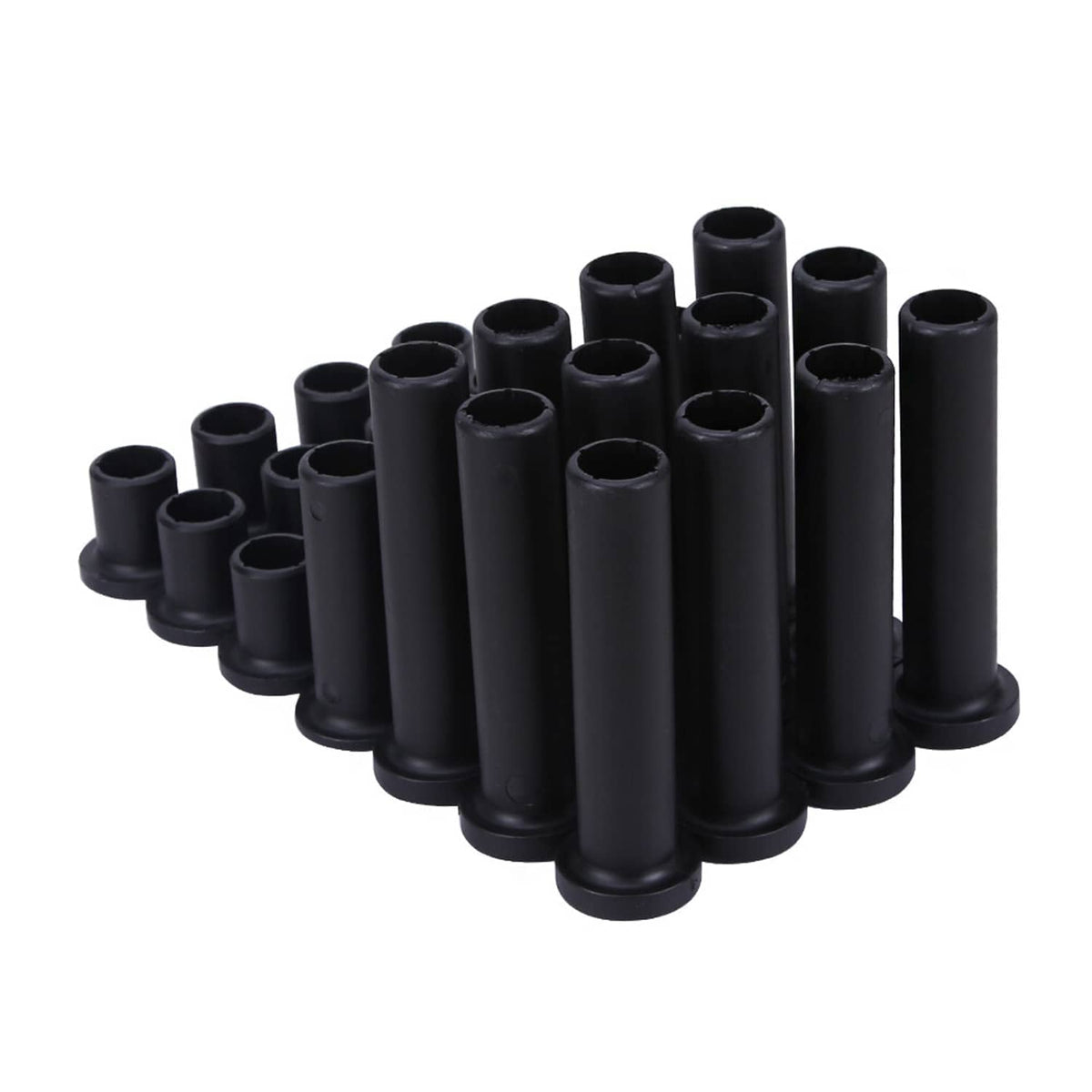 Black A-arm bushing kit with assorted cylindrical rubber sleeves, front view