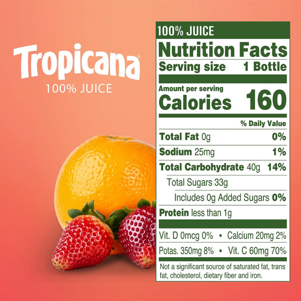 Tropicana 100% juice nutrition facts panel with orange and strawberries