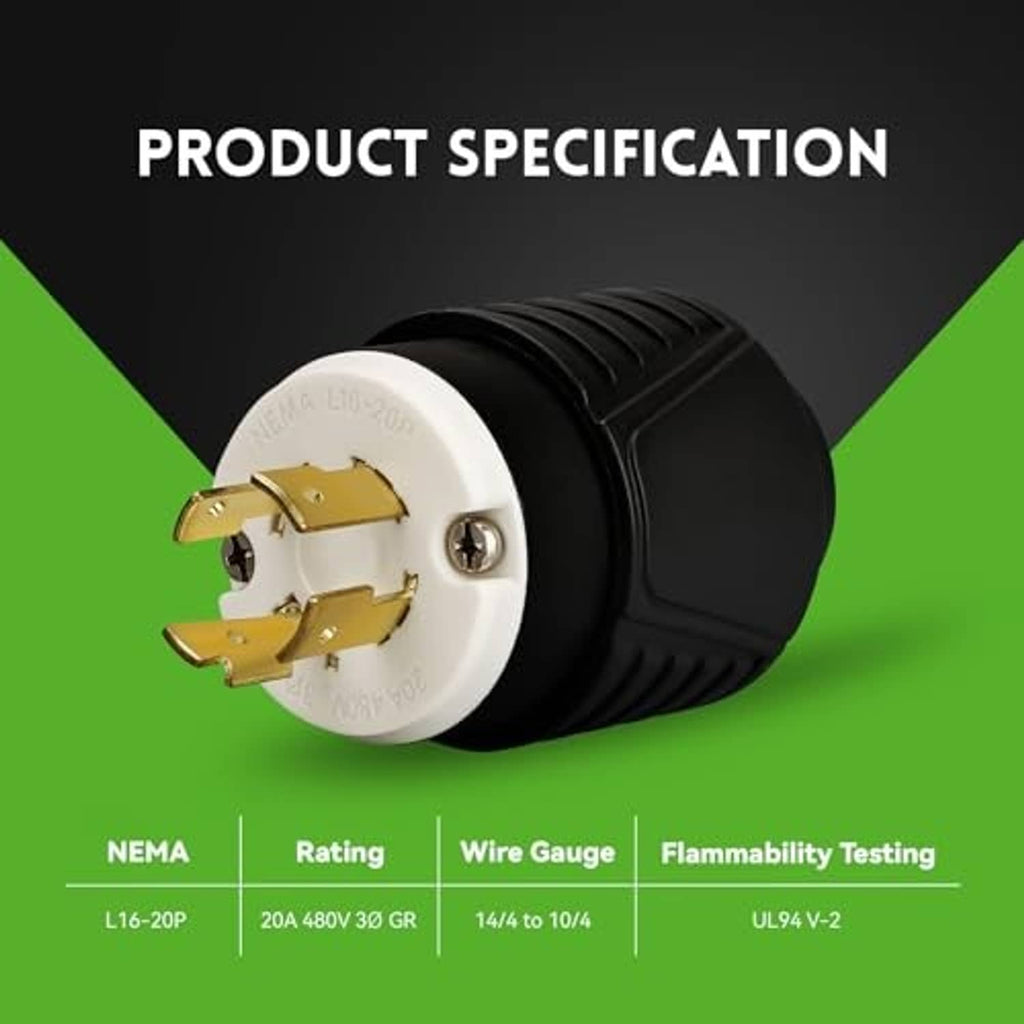 Locking generator twist-lock male plug with gold contacts and black ribbed body
